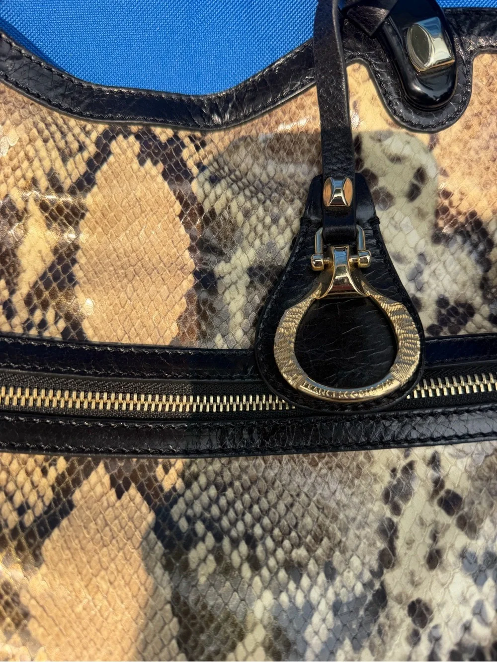 Beautiful Snake-Skin Shoulder Bag with Black Trim and Gold Hardware. Authentic